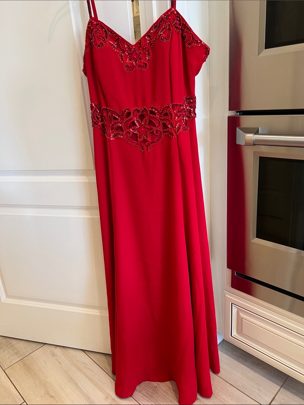 Red Beaded Spaghetti-Strap Evening Dress